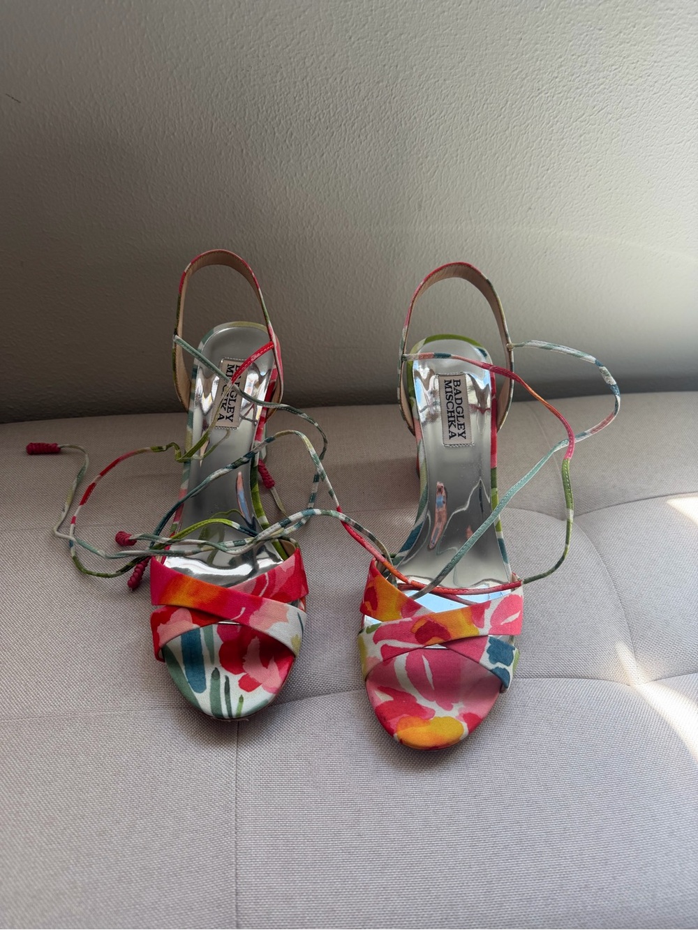 Badgley Mischka Pink Multi Floral Lace-Up Heels